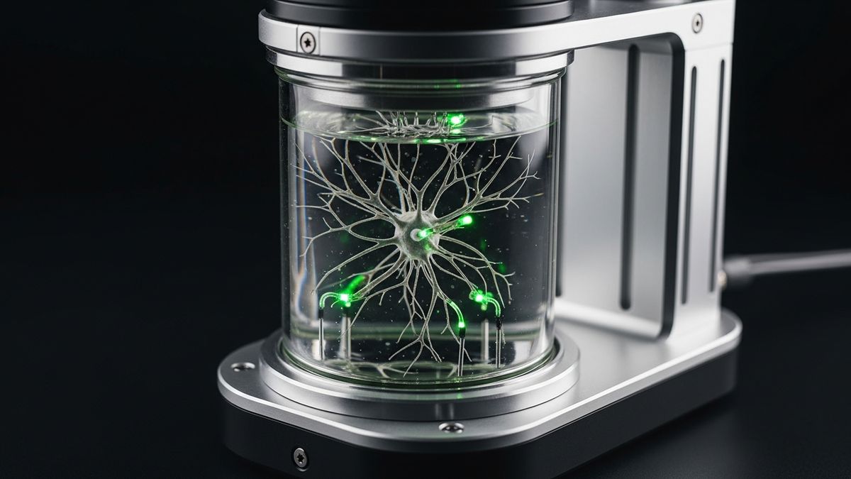 A compact desktop neural-culture bioreactor unit with a glass chamber and faint green electrode glow inside, on a black background.