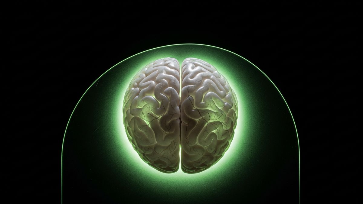 A single translucent brain organoid behind curved glass in soft green rim light, against a black background, in a quiet reflective mood.