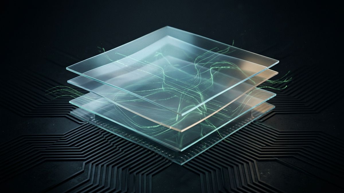 Layered translucent planes above a dark electrode grid with faint green data traces.