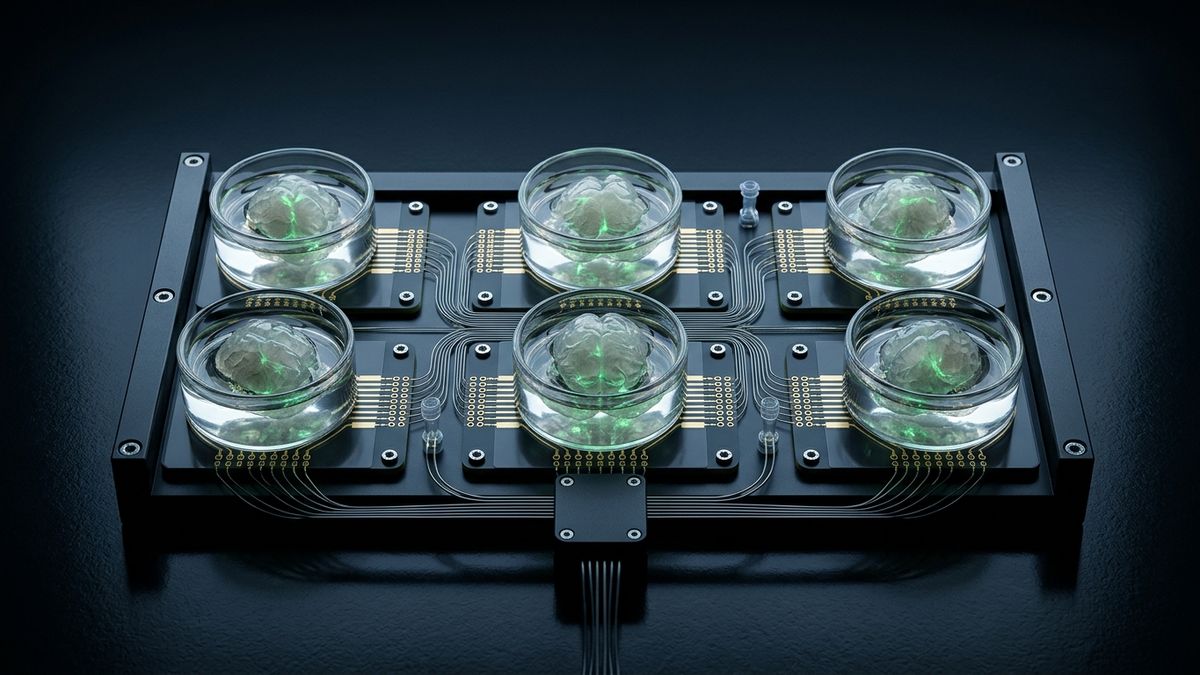 Several translucent brain organoids arranged in a clean laboratory rack, each resting on a microelectrode array under a faint green glow.